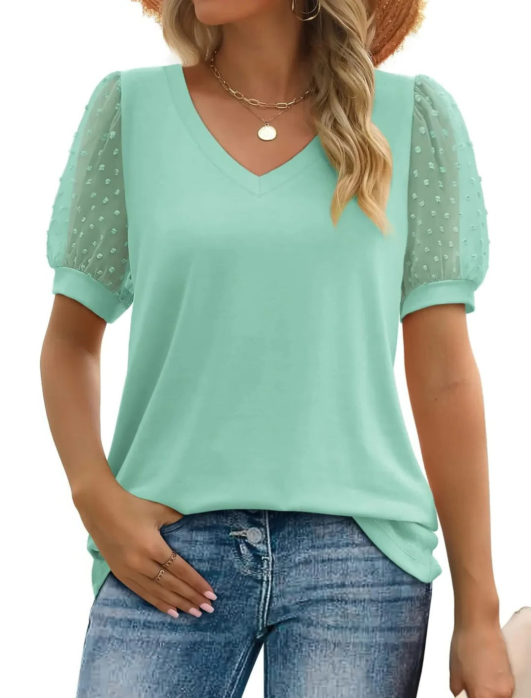 Women's lightweight relaxed fit v-neck short sleeve casual top with flattering neckline
