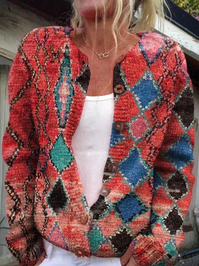 Women's floral print structured knit cardigan with button front closure, versatile all-day layering piece