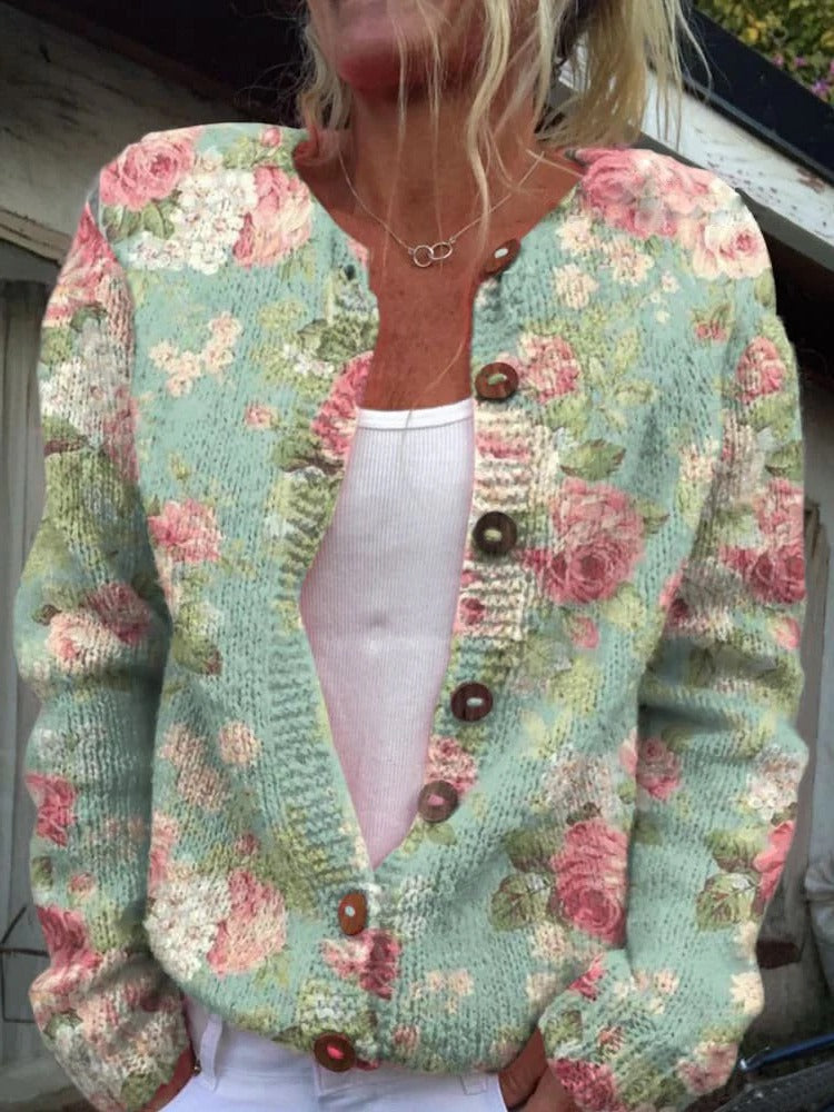 Women's floral print structured knit cardigan with button front closure for versatile layering