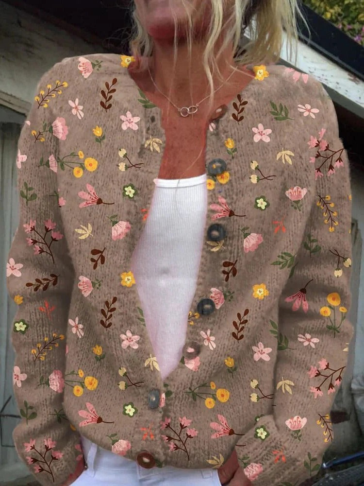 Women's floral print structured knit cardigan with button front closure, versatile all-day layering piece