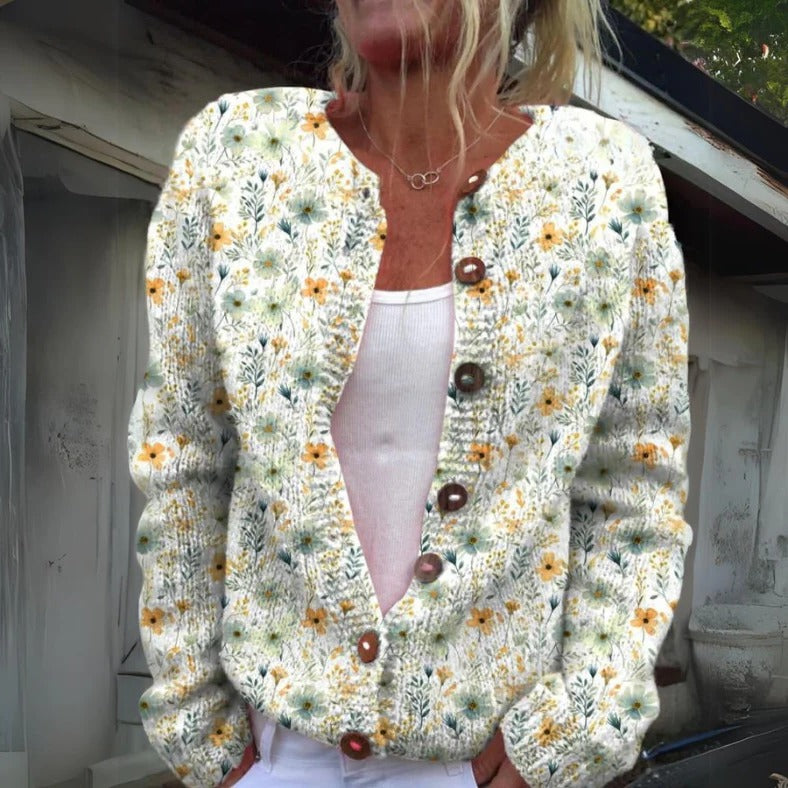Women's floral print structured knit cardigan with button front closure for versatile layering