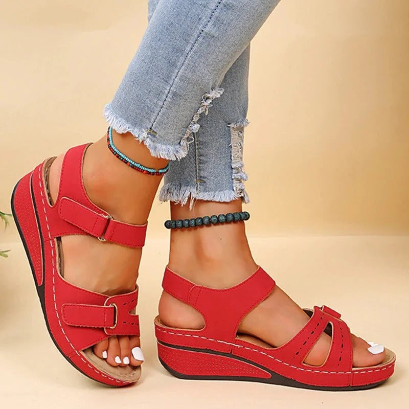 Beige wide-sole supportive sandals with adjustable closure for stability and foot pain relief