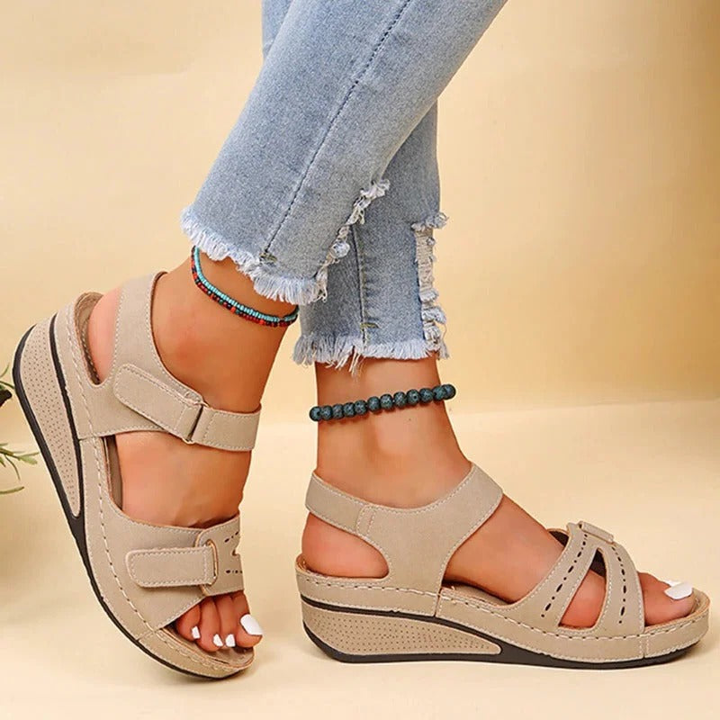 Beige wide-sole supportive sandals with adjustable closure for everyday walking stability and pain relief