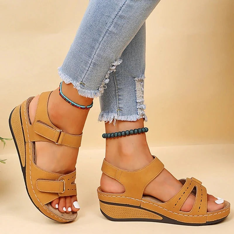 Beige wide-sole supportive sandals with adjustable closure for daily walking stability and pain relief