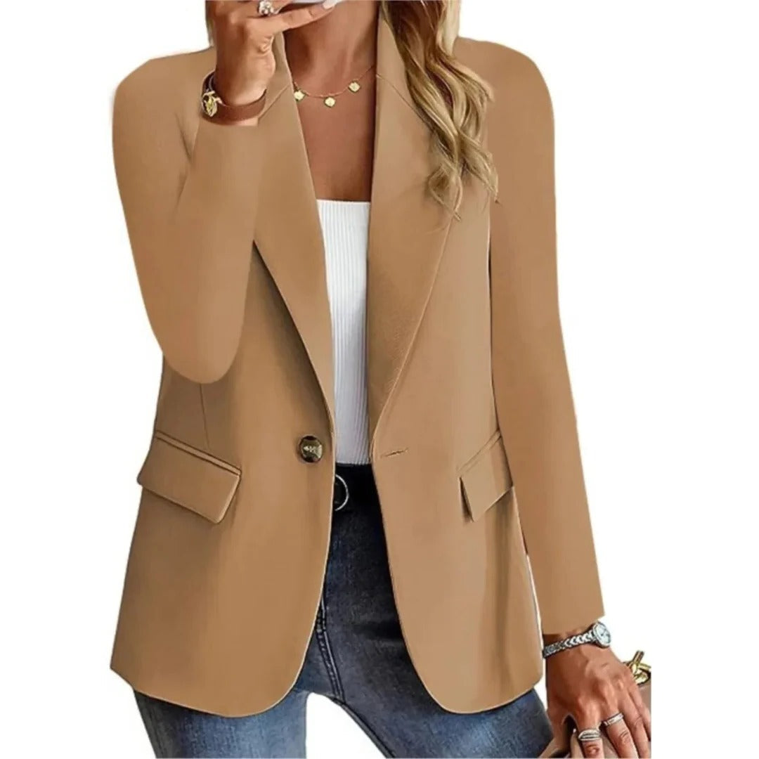 Women's long structured blazer with buckle pocket, straight-cut tailored fit, open-front office wear