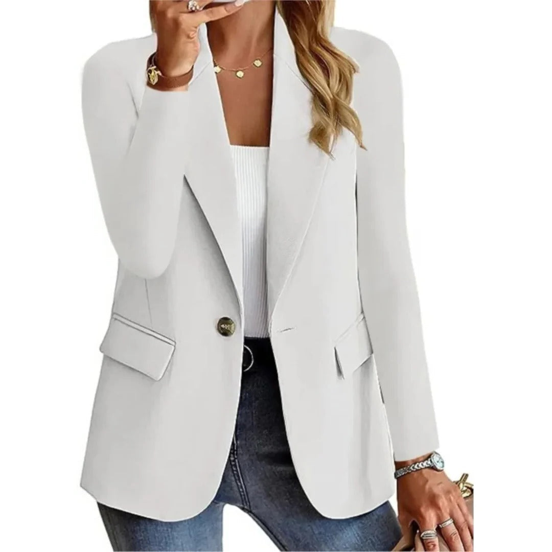 Women's long structured blazer with buckle pocket, straight-cut open-front silhouette for office wear