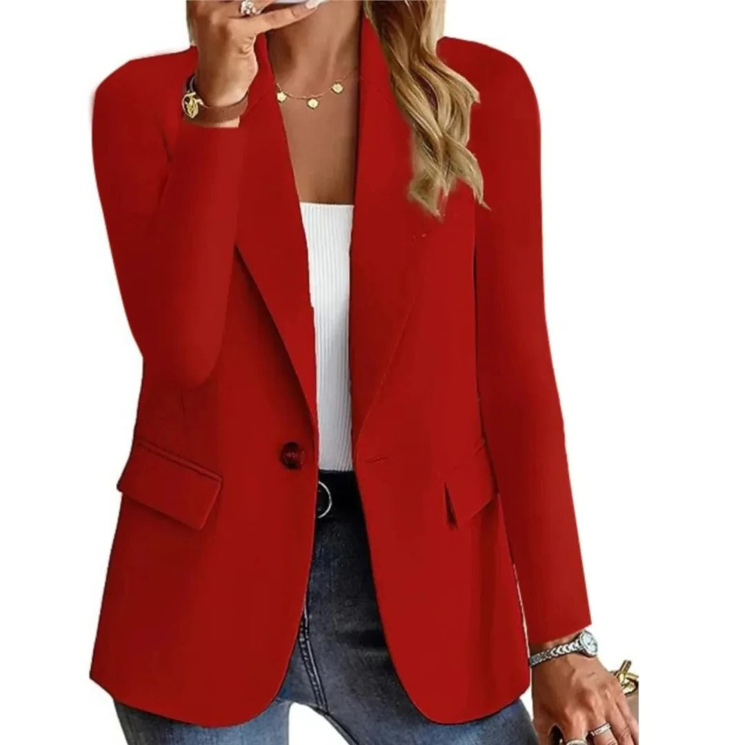 Women's long structured blazer with buckle pocket detail, straight-cut open-front silhouette for office wear