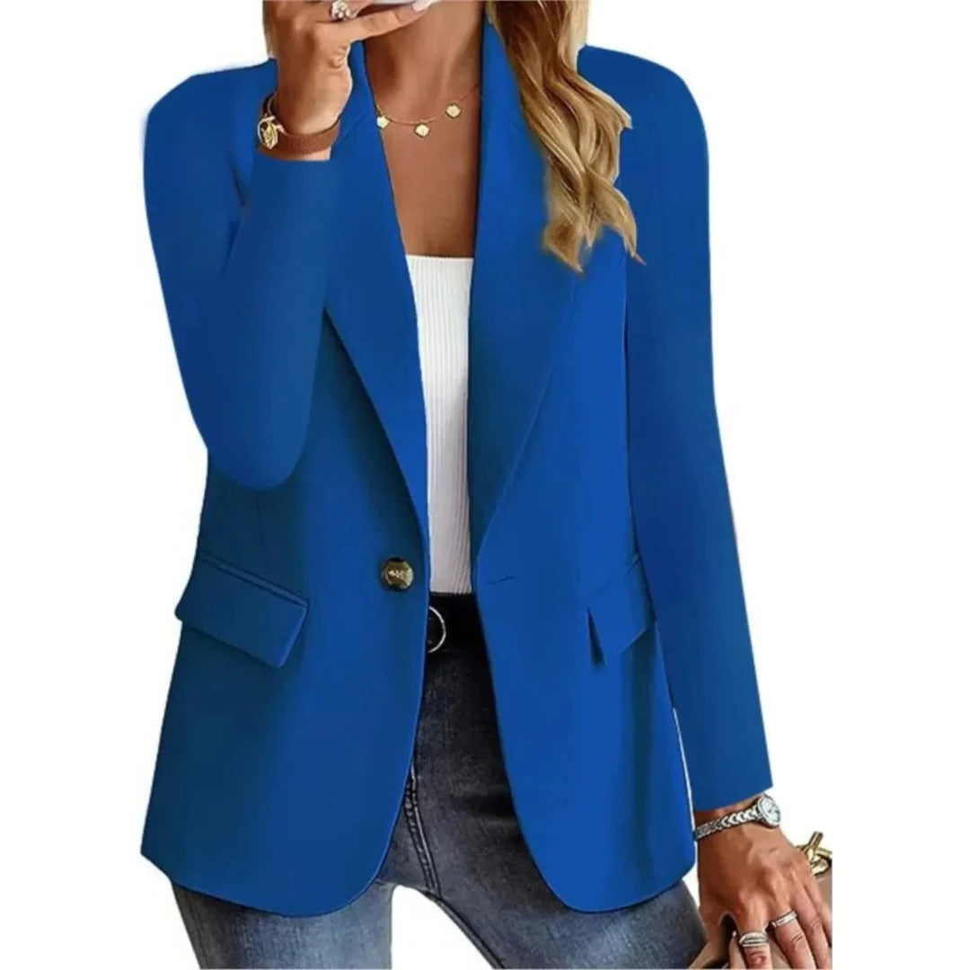 Women's long structured blazer open-front straight-cut with buckle pocket detail for office wear