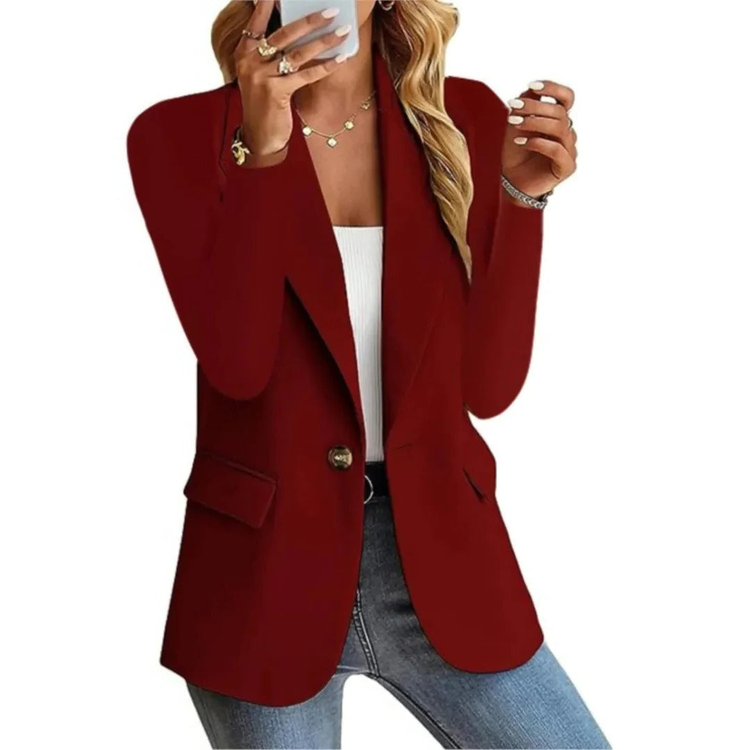 Women's long structured blazer with buckle pocket, straight-cut silhouette and open-front design for office wear