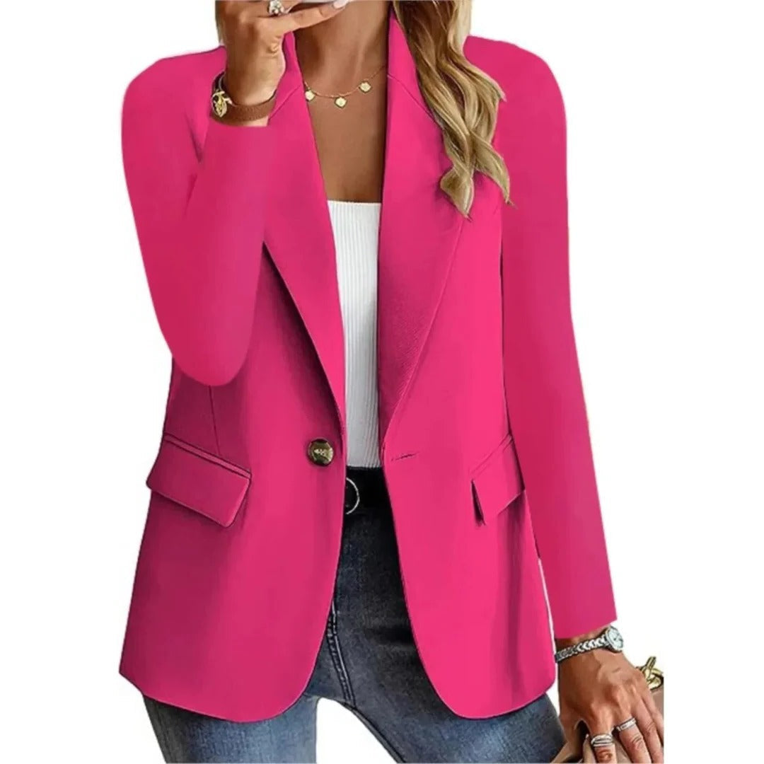 Women's long structured blazer open-front straight-cut with buckle pocket detail for office wear