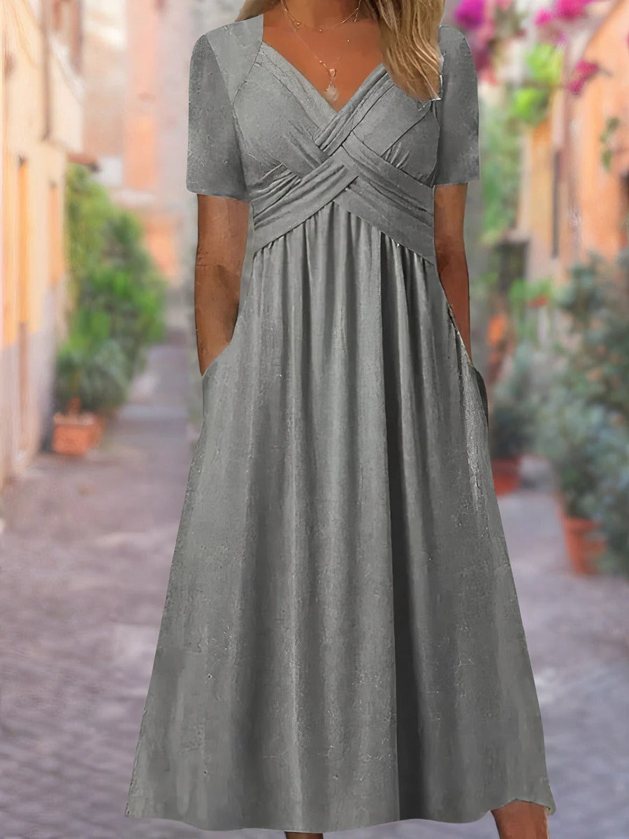 TrendAura V-neck relaxed summer dress in casual silhouette with clean structured collarbone neckline