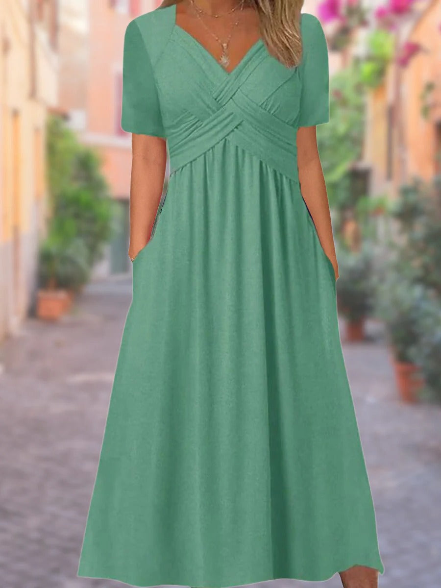 TrendAura women's relaxed V-neck summer dress in solid color with clean structured neckline for daytime