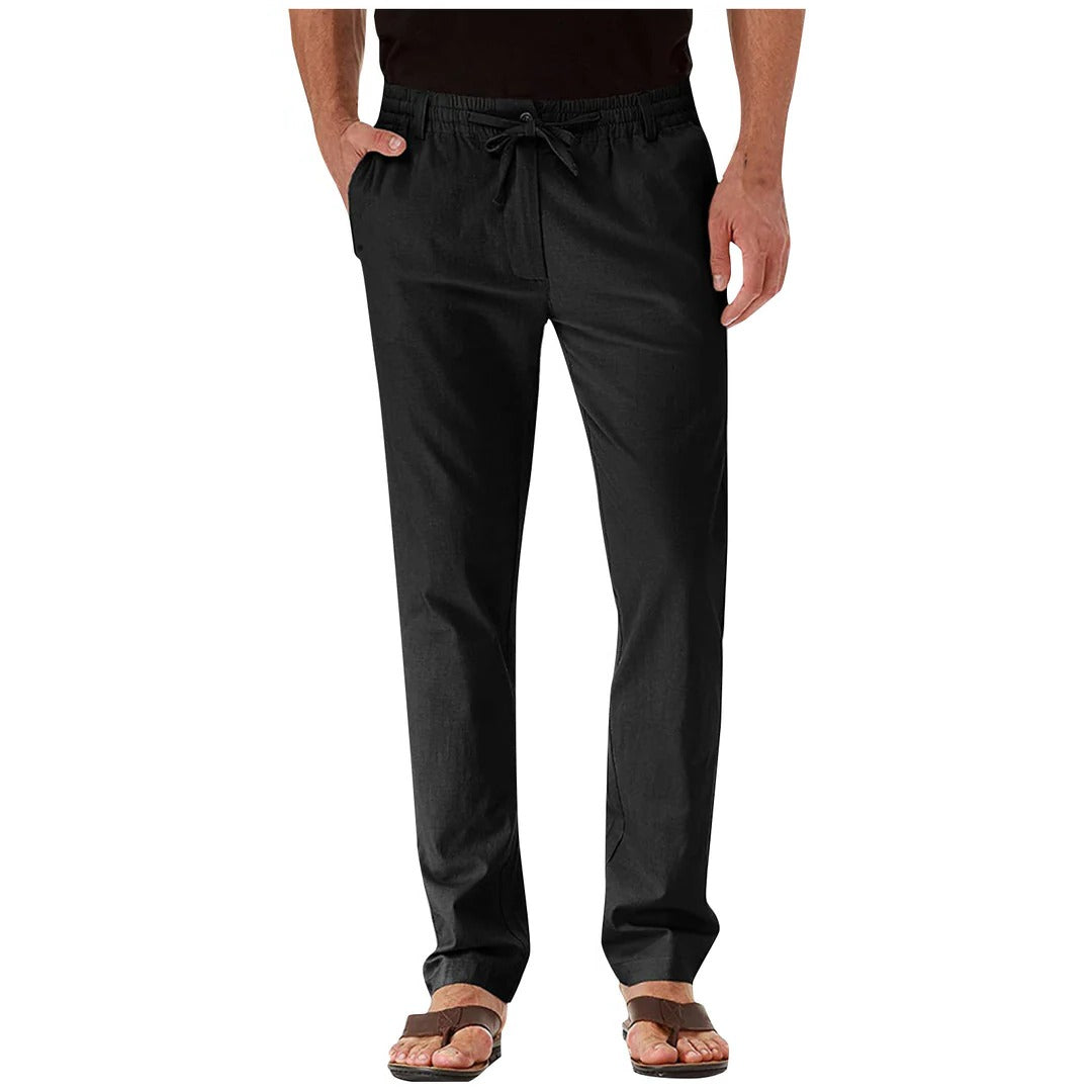 Beige straight-cut relaxed fit unisex casual pants with adjustable waistband for everyday wear