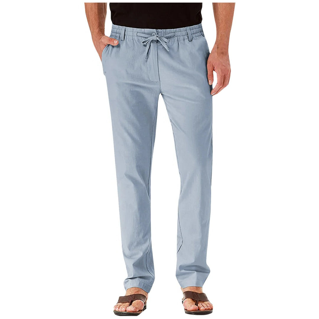 Beige straight-leg casual pants relaxed fit with adjustable waistband, unisex everyday wear