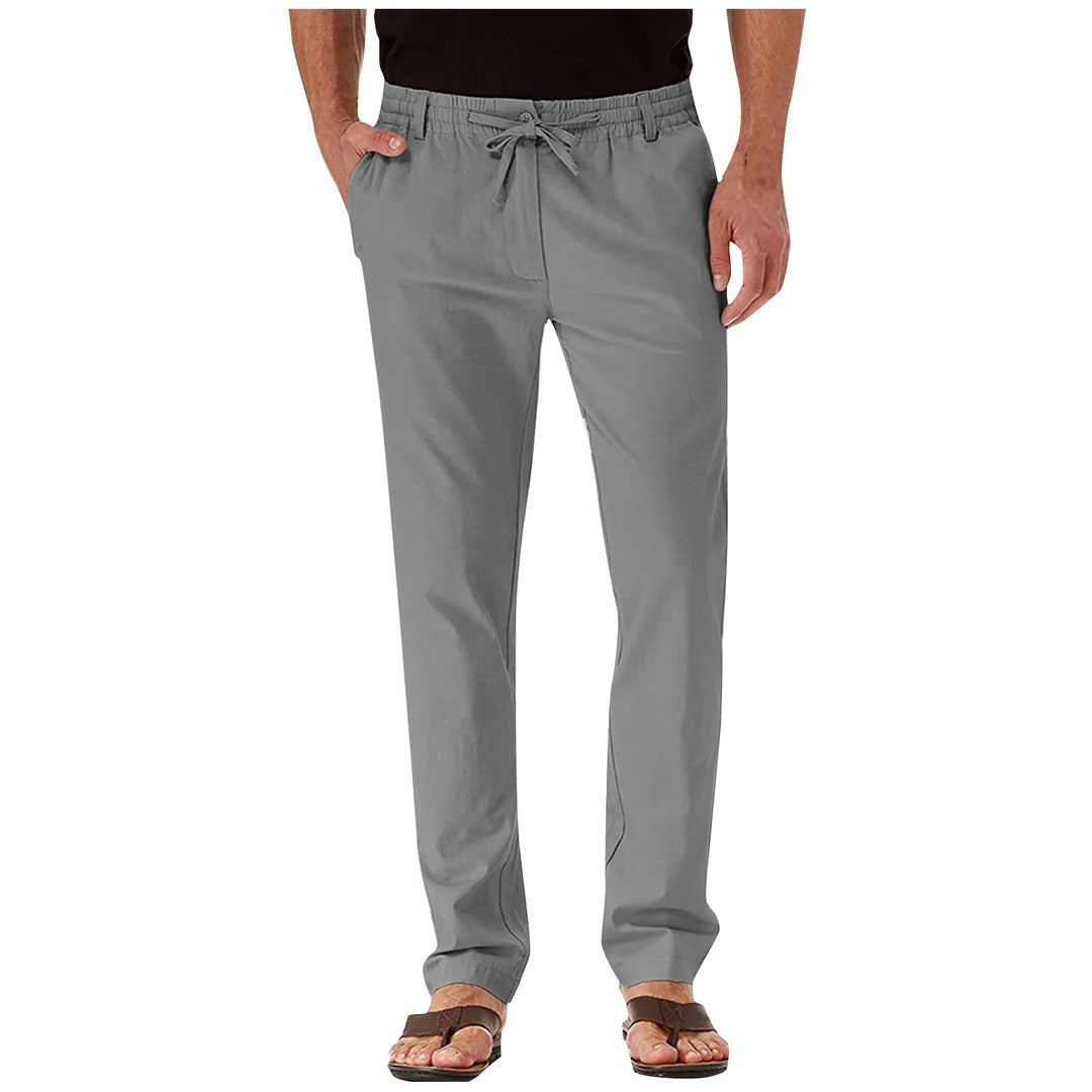 Beige straight-cut relaxed fit unisex casual pants with adjustable waistband for everyday wear
