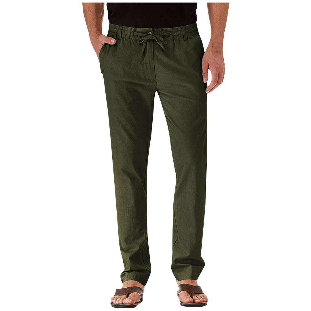 Beige straight-cut relaxed fit casual pants with adjustable waistband, unisex everyday wear