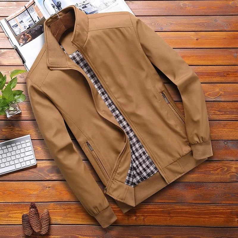 Men's lightweight summer jacket high collar structured fit front zip closure everyday outerwear