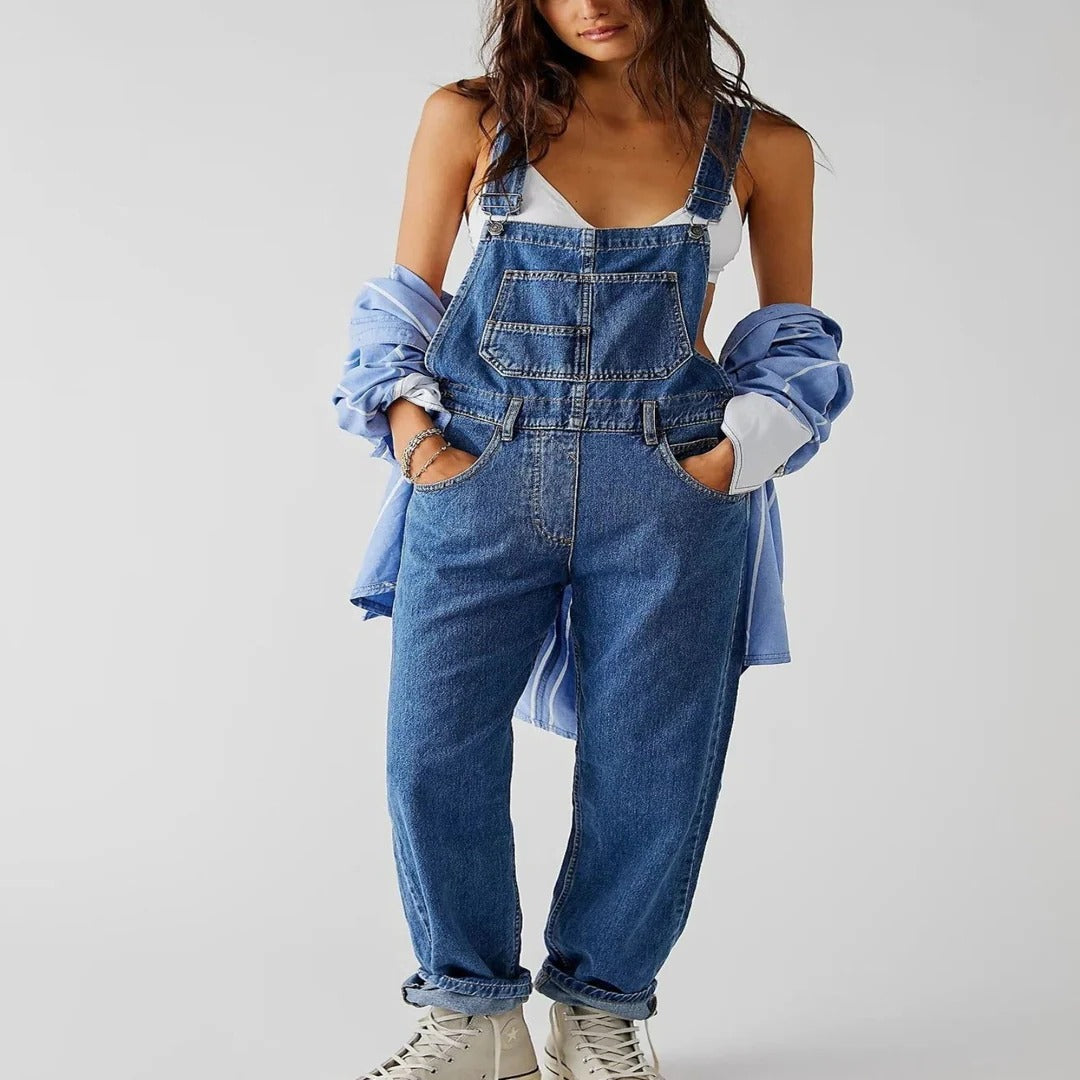 Women's full-length relaxed fit dungarees with adjustable straps and front chest pocket
