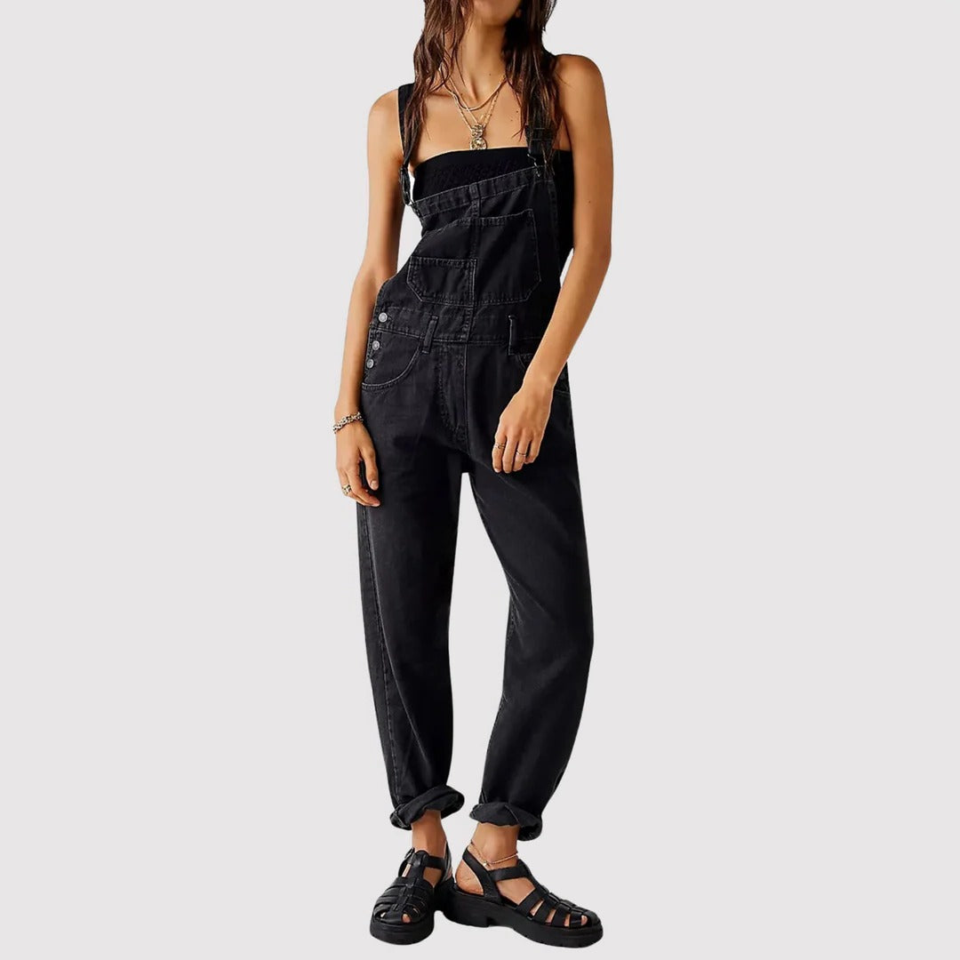 Women's full-length relaxed fit dungarees with adjustable straps and front chest pocket