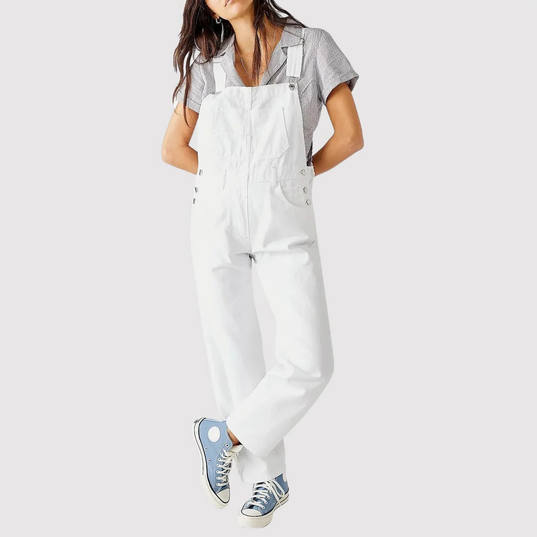 Women's full-length relaxed fit dungarees with adjustable straps and front chest pocket