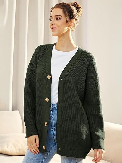 Women's oversized V-neck cardigan with button closure, dropped shoulders, cozy layering knit style