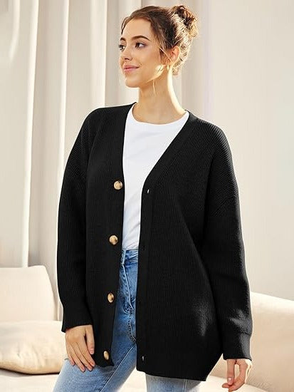 Women's oversized V-neck cardigan with button closure, dropped shoulders, cozy layering knit
