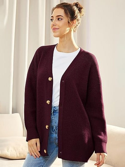 Women's oversized v-neck cardigan with button closure, relaxed dropped shoulder fit for layered looks