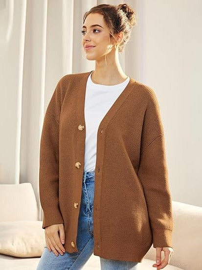 Women's oversized v-neck cardigan button closure cozy layering knit top dropped shoulder casual style
