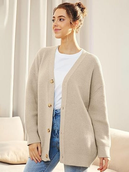 Women's oversized v-neck cardigan with button closure, relaxed dropped shoulder fit for layering