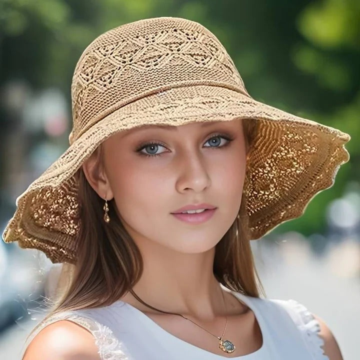 Beige wide-brim sun hat lightweight foldable UV protection outdoor summer style