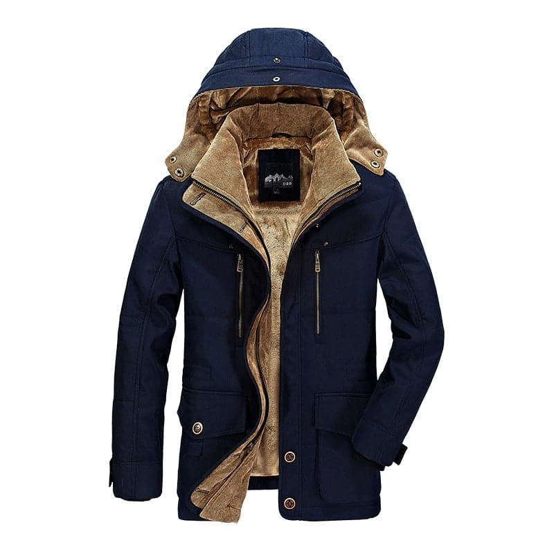 Men's insulated parka winter jacket with warm fleece lining, designed for cold outdoor adventures