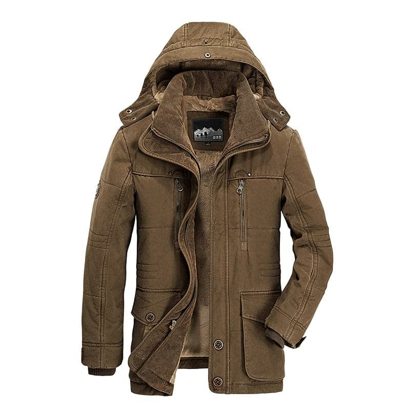 Men's insulated parka jacket with warm fleece lining, built for cold winter days with timeless silhouette