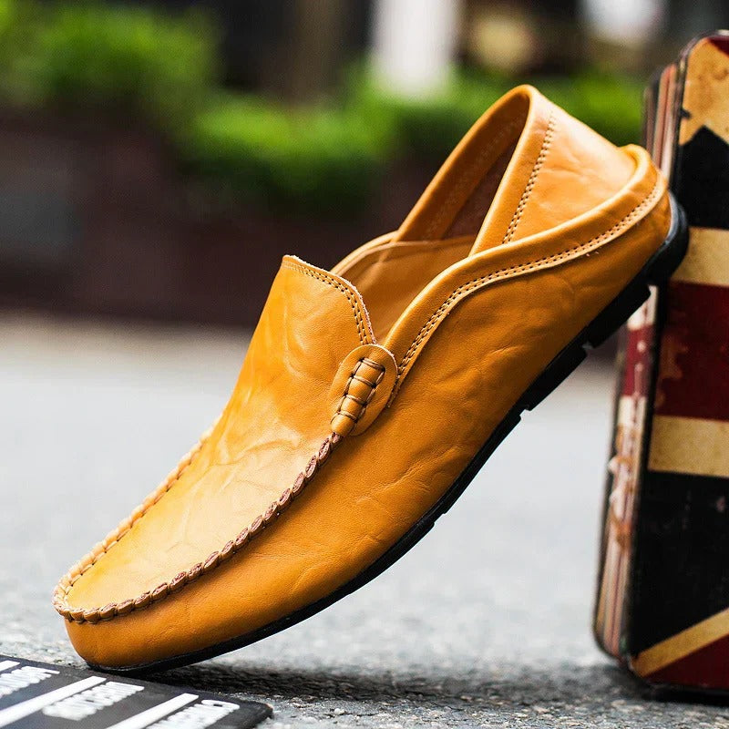 Men's brown leather slip-on loafers classic structured silhouette for all-day comfort