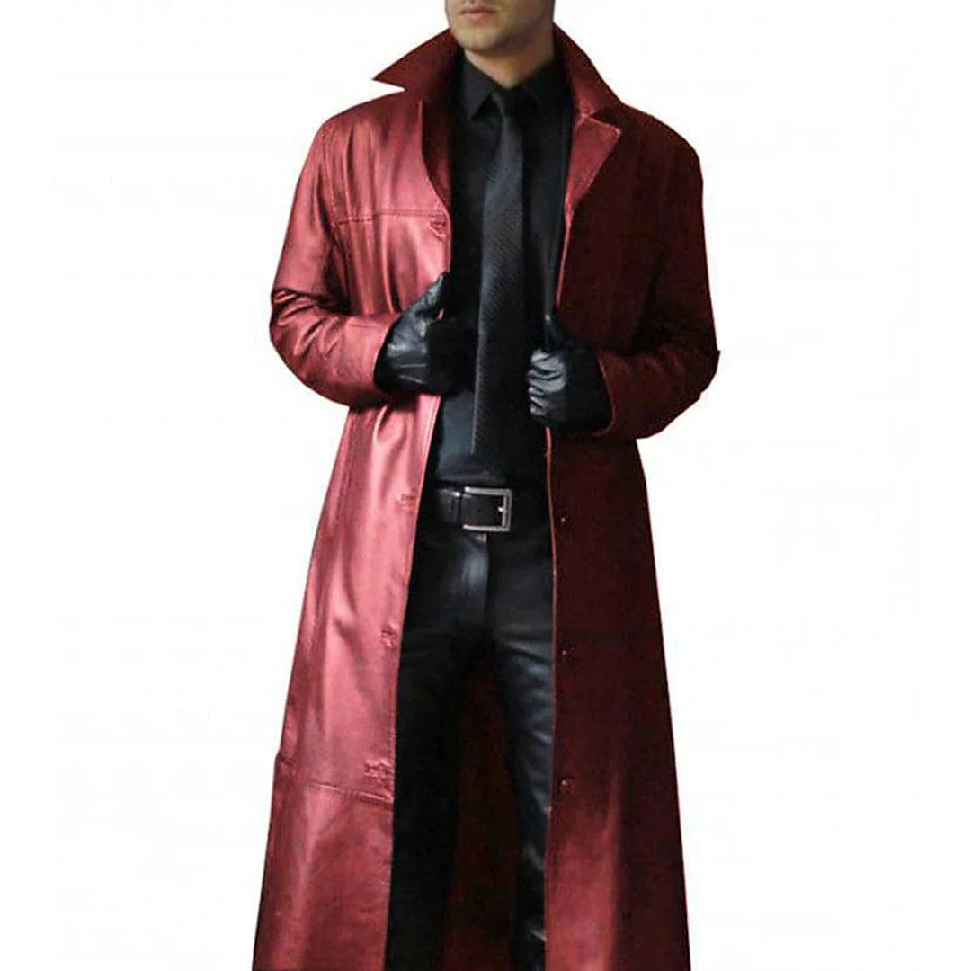 Men's long black trench coat windproof formal casual outerwear with structured silhouette