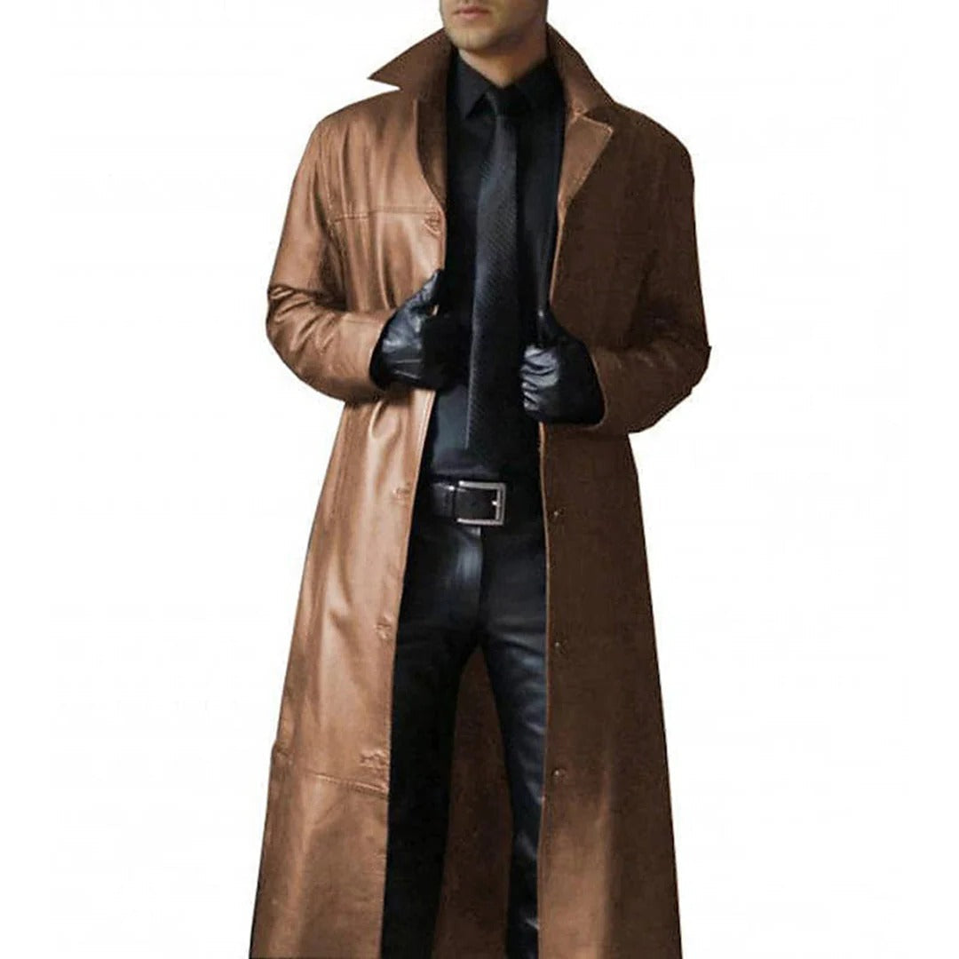 Men's long dark trench coat windproof insulated formal casual outerwear classic belted style