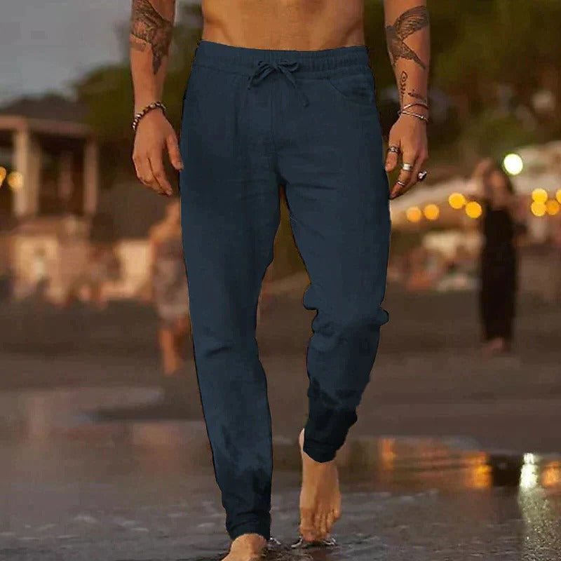 Men's lightweight breathable casual trousers in neutral tones, relaxed fit for warm weather comfort