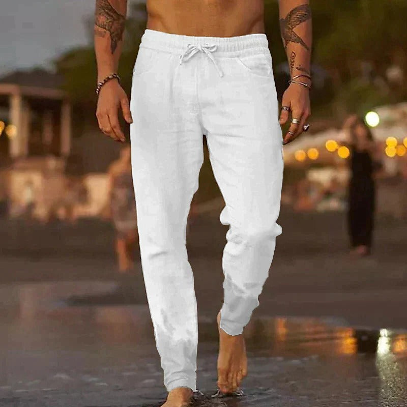 Men's lightweight breathable casual trousers in neutral tone, relaxed fit for warm weather comfort
