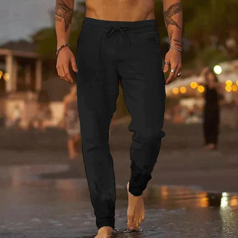 Men's lightweight breathable casual trousers in neutral tone, relaxed fit for warm weather comfort
