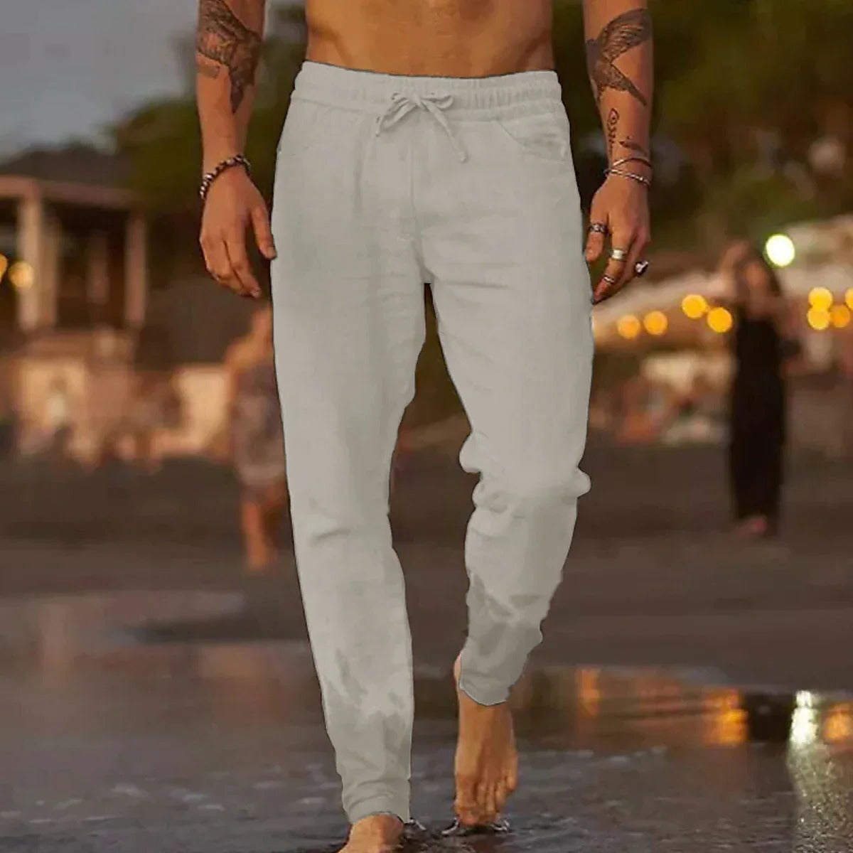 Men's lightweight breathable casual trousers in neutral tone, relaxed fit for warm weather comfort