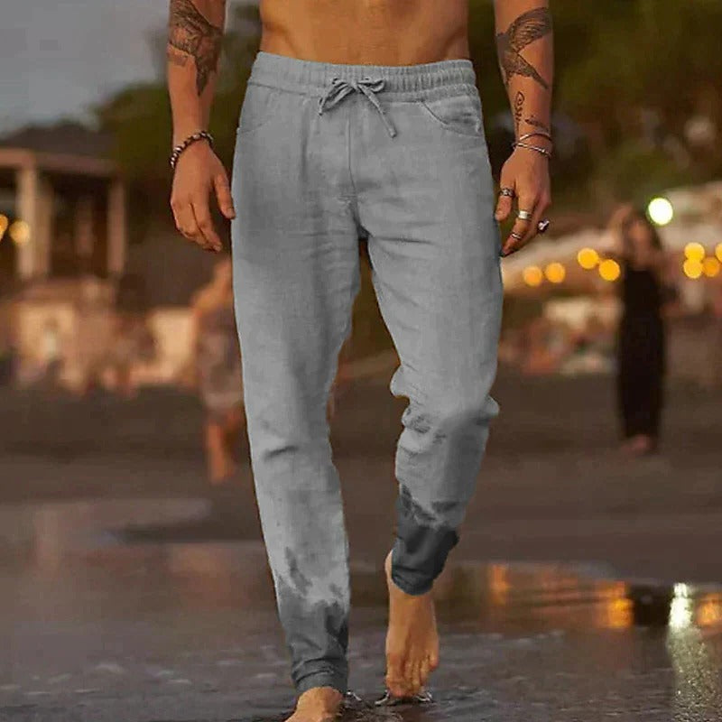 Men's lightweight breathable casual trousers in neutral tone, relaxed straight-cut fit for warm weather