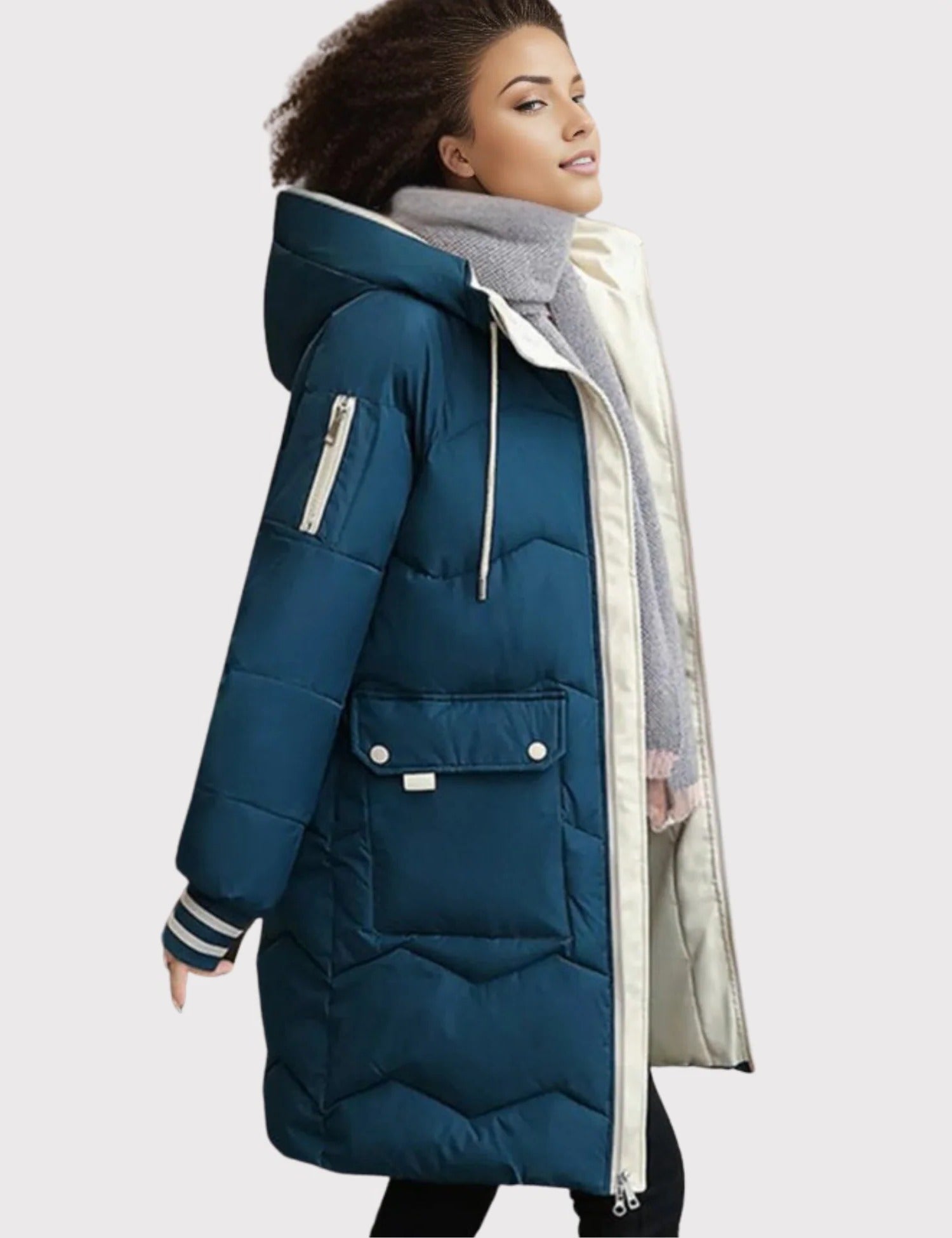 Men's navy blue tailored fit puffer coat with attached hood for winter warmth