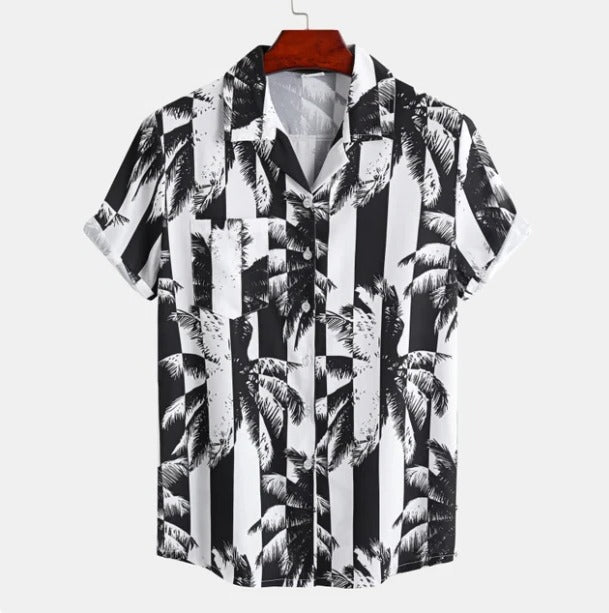 Men's blue palm tree print Hawaiian shirt, relaxed fit short sleeve casual summer tropical style