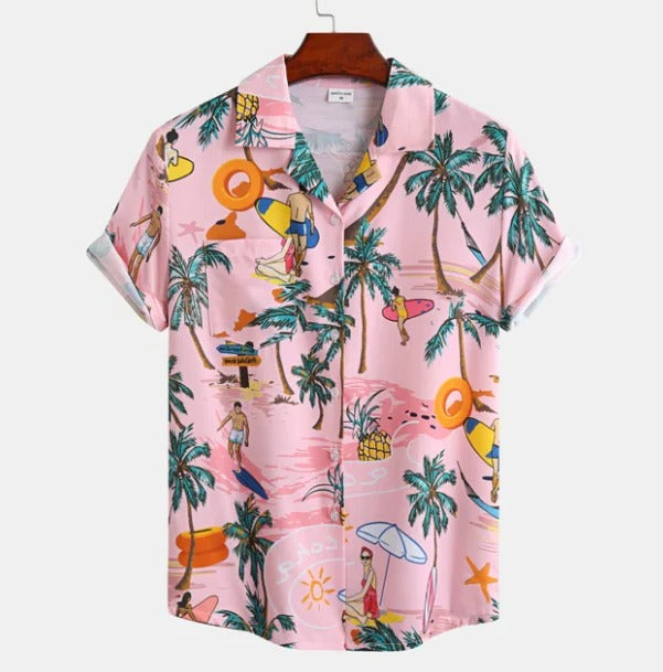 Men's blue palm tree print Hawaiian shirt relaxed fit short sleeve tropical summer casual