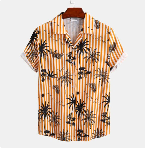 Men's blue palm tree print Hawaiian shirt, relaxed fit short sleeve with tropical island-inspired pattern