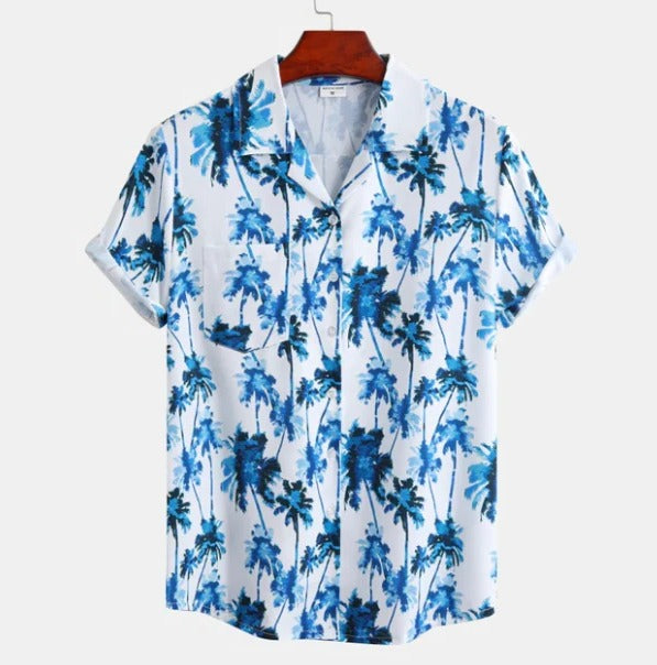 Men's blue palm tree print Hawaiian shirt, relaxed fit short sleeve with tropical island-inspired pattern