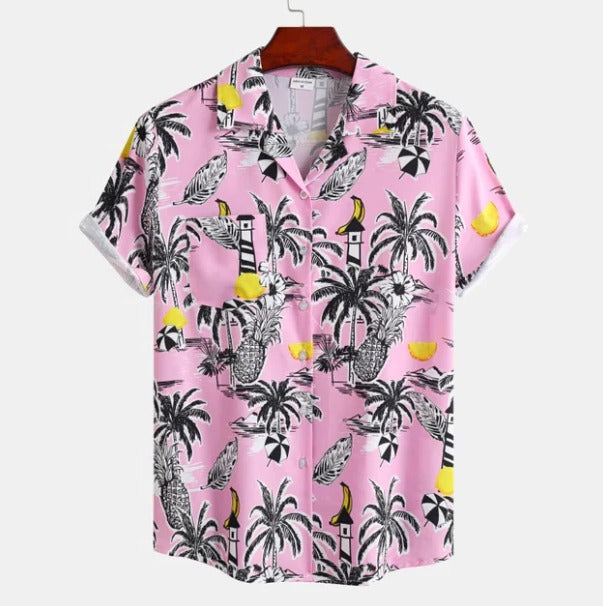 Men's blue palm tree print Hawaiian shirt short sleeve relaxed fit tropical summer casual style
