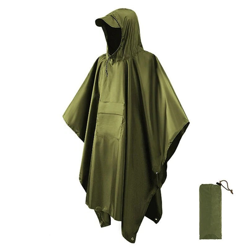 Men's lightweight waterproof hooded poncho jacket in neutral tone with packable front pocket