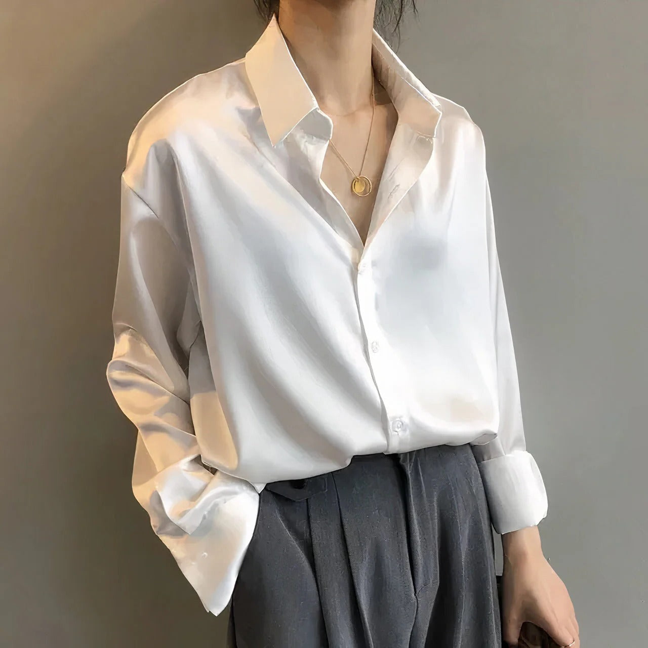 Women's satin blouse refined silhouette silky sheen all-day comfort work and social occasions