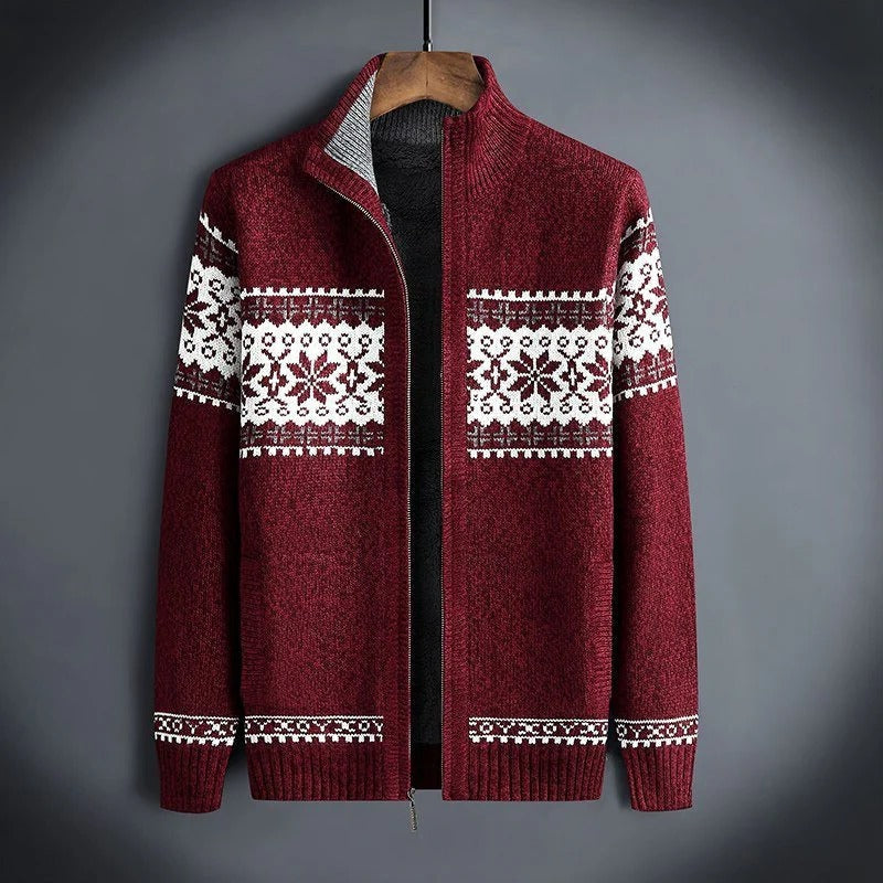 Men's knitted winter jacket zip-front Nordic pattern warm regular fit coat everyday wear