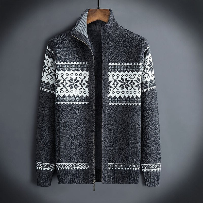 Men's knitted winter jacket zip front Nordic pattern warm regular fit coat everyday wear